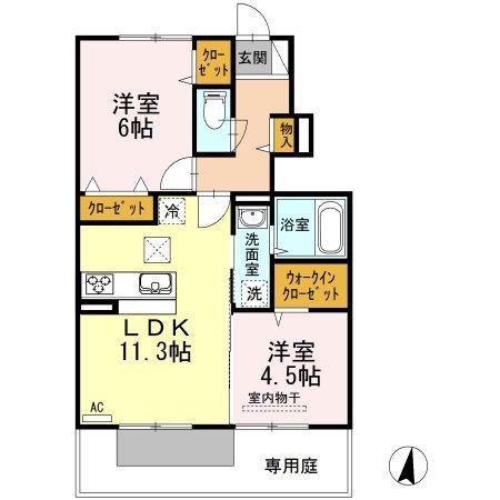 オネスト上林 B棟(2LDK/1階)の間取り写真