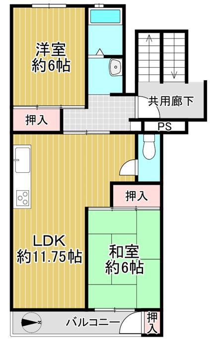 武庫川ハイツ(2LDK/2階)の間取り写真