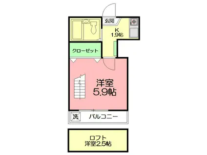 KAINOS茅ヶ崎(1K/2階)の間取り写真