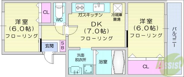 杜栄マンションS棟(2DK/1階)の間取り写真