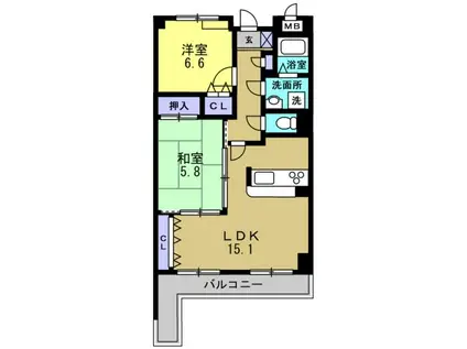 セレッソカージェ芦屋(2LDK/2階)の間取り写真