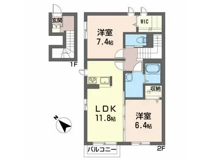 シャーメゾントゥルースB(2LDK/2階)の間取り写真