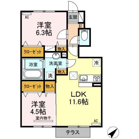 グランヴィア樹(2LDK/1階)の間取り写真