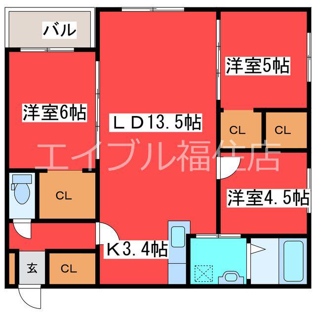 エフュート福住(3LDK/1階)の間取り写真