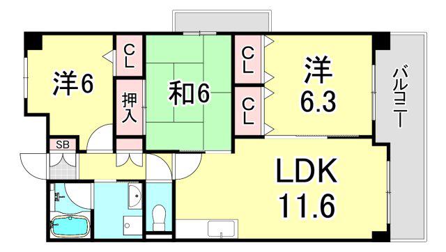 メルベーユ宝塚(3LDK/2階)の間取り写真