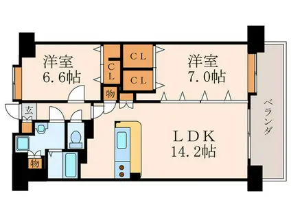 ニューリバー三萩野(2LDK/9階)の間取り写真