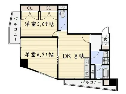 GALA小倉(2DK/2階)の間取り写真