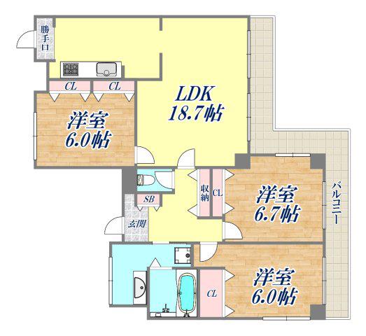 ヴァンヴェール夙川(3LDK/3階)の間取り写真