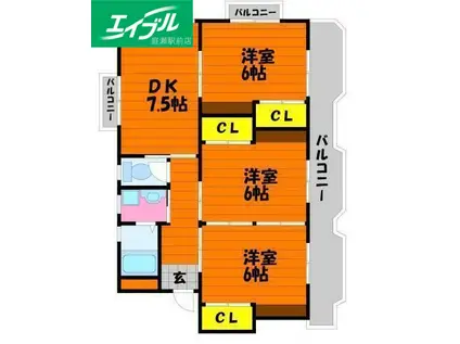 フラット西中新田(3DK/3階)の間取り写真