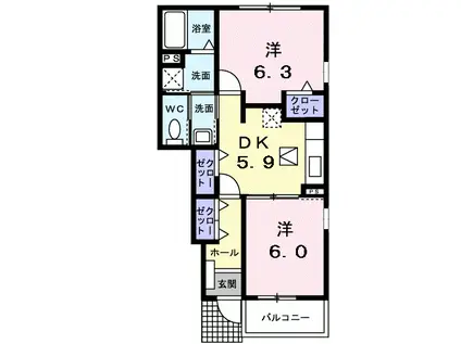 ハイデヒルズ黒瀬(2DK/1階)の間取り写真