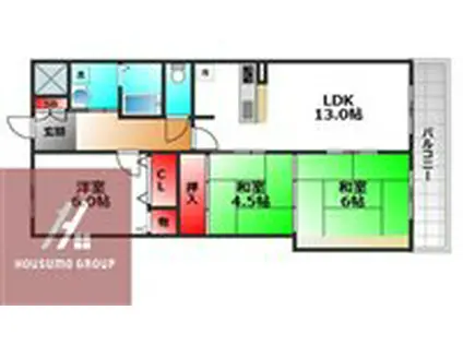 フロウスリープ西村1号館(3LDK/4階)の間取り写真