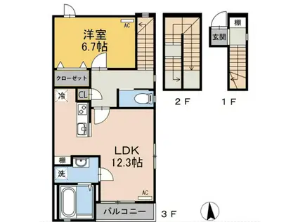 アルカディア B棟(1LDK/3階)の間取り写真