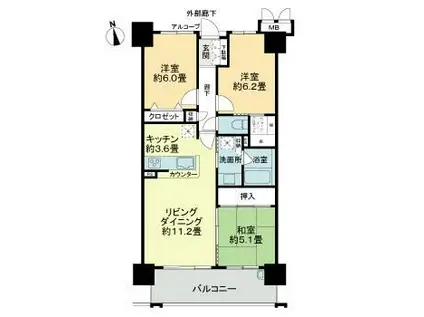 サーパス木太八坂通(3LDK/9階)の間取り写真