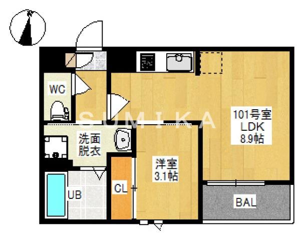 GRANDTIC 下伊福西町(1LDK/1階)の間取り写真
