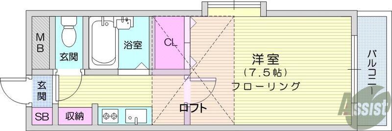ロイヤルヒルズ泉崎Ⅱ(1K/2階)の間取り写真