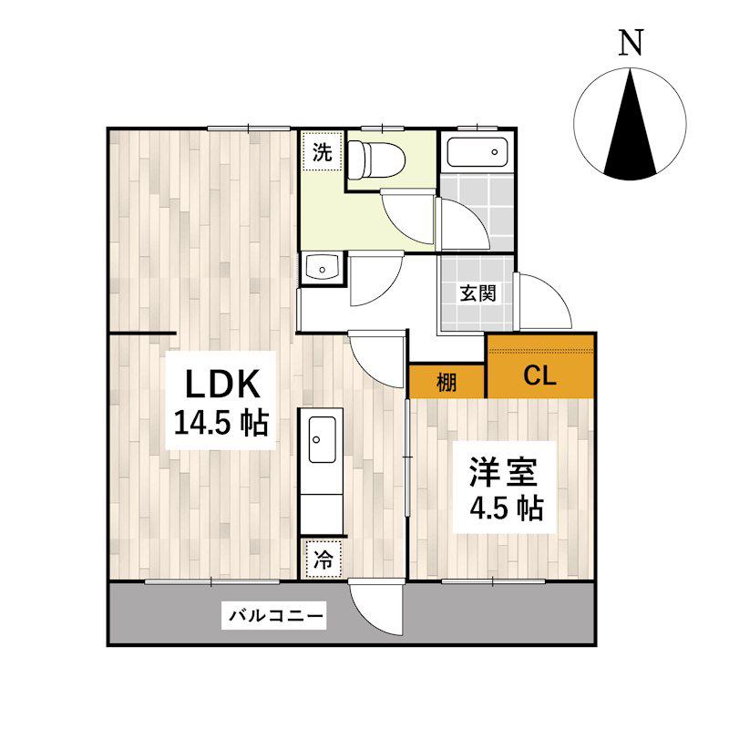 リノベ済リビング14.5帖の1LDK(1LDK/4階)の間取り写真