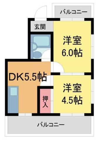 宝塚ハ-モニ-ハイツ(2DK/4階)の間取り写真