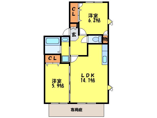 ツインコートB棟(2LDK/1階)の間取り写真