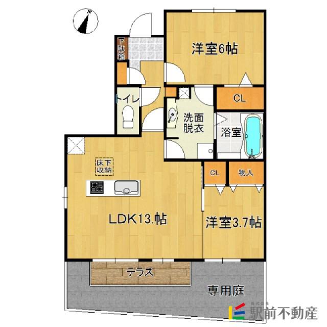 ヴィルヌーブ伍番街D棟(2LDK/1階)の間取り写真