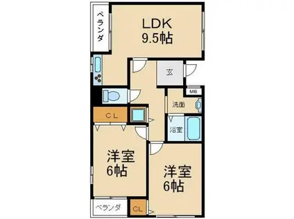 メープルフォレスト(2DK/2階)の間取り写真