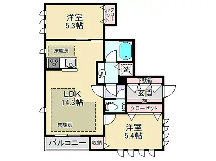 リンジュドゥプリムG(2LDK/1階)の間取り写真