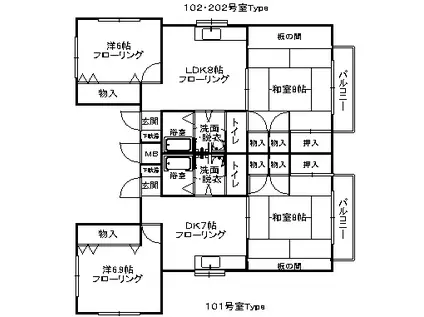 ドゥハウゼA(2DK/2階)の間取り写真
