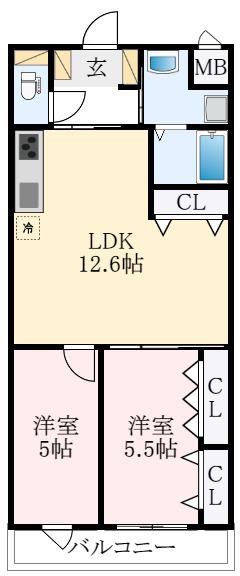 ステラウッド古室(2LDK/3階)の間取り写真