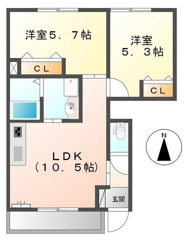 グラスフルールA(2LDK/1階)の間取り写真