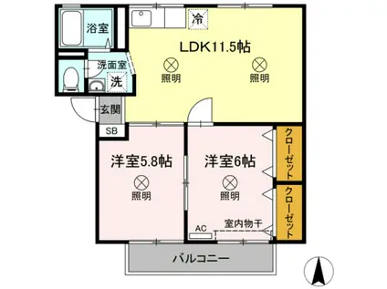 シャンポールききょう B棟(2LDK/2階)の間取り写真