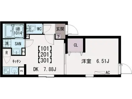 IXO竹の塚(1DK/3階)の間取り写真
