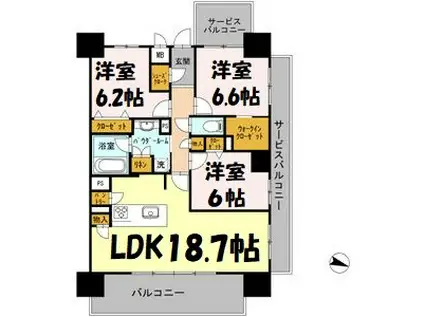 ロイヤルパークスERささしま(2LDK/12階)の間取り写真