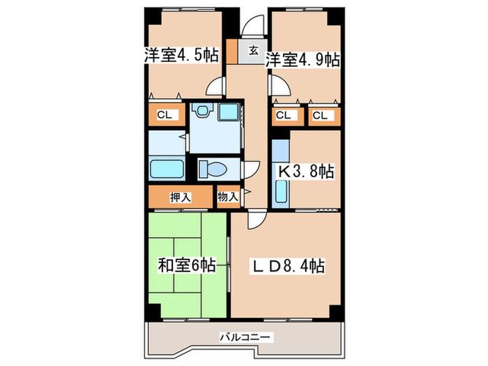 グローリーヒルズII(3LDK/4階)の間取り写真