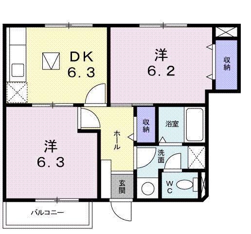 ペスカフルール(2DK/1階)の間取り写真