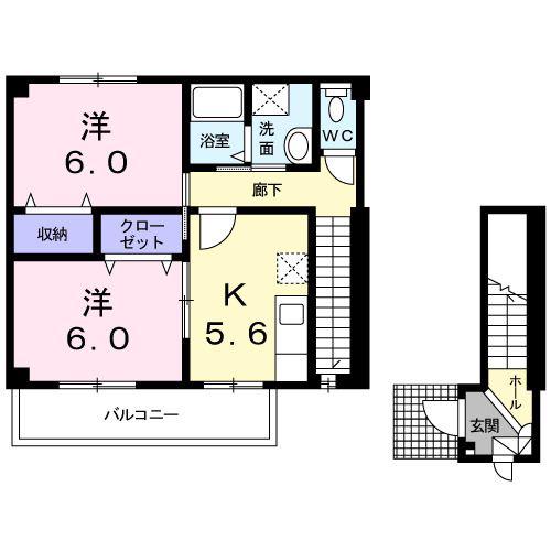 ハイツ悠B(2K/2階)の間取り写真