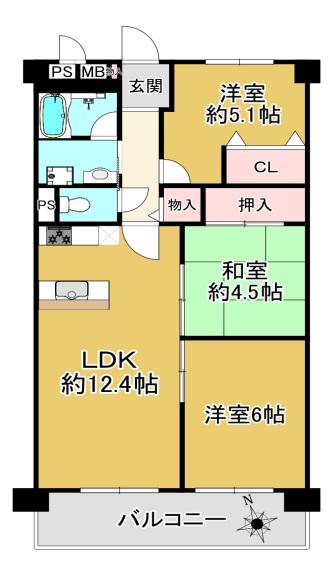 ユニライフ垂水千代が丘(3LDK/5階)の間取り写真