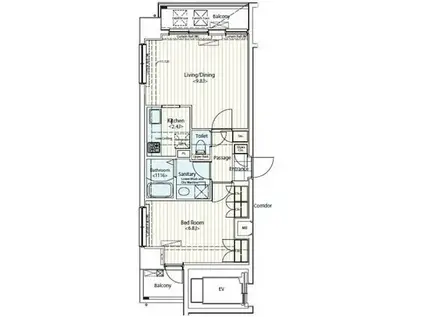 ドゥーエ新富町(1LDK/12階)の間取り写真