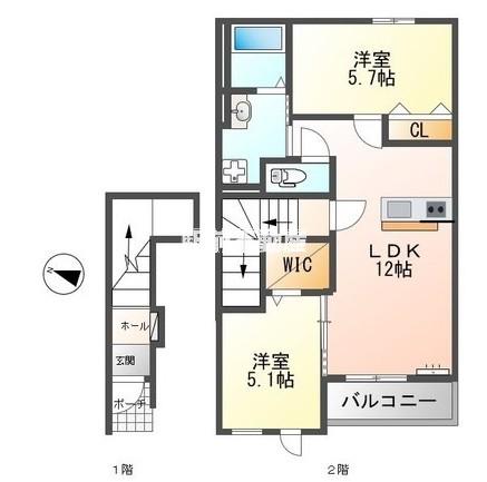 グランレーヴ弥生(2LDK/2階)の間取り写真