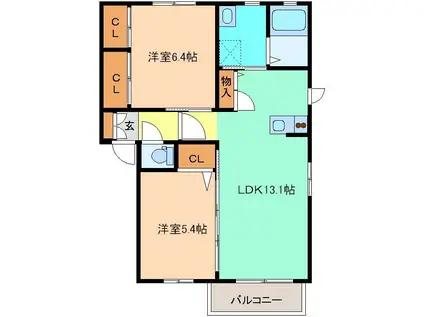 グランドゥール B棟(2LDK/1階)の間取り写真