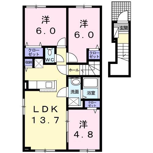 北柏木スカイハイツVI(3LDK/2階)の間取り写真