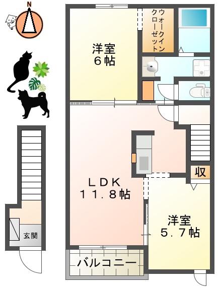 グランディール沖洲C(2LDK/2階)の間取り写真