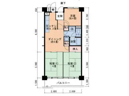 UR若山台中央2号棟 4F(3DK/4階)の間取り写真