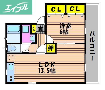 ラッキータウン庭瀬D棟(1LDK/1階)の間取り写真