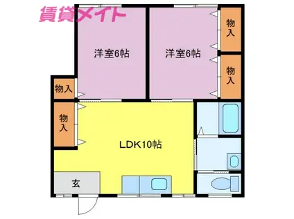 近鉄山田線 宮町駅 徒歩30分 2階建 築53年(2LDK/2階)の間取り写真