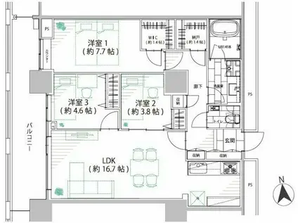 ザ・パークタワー東京サウス(3SLDK/16階)の間取り写真