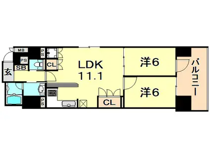 リーガル神戸三宮フラワーロード(2LDK/2階)の間取り写真