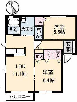 クラージュB棟(2LDK/1階)の間取り写真