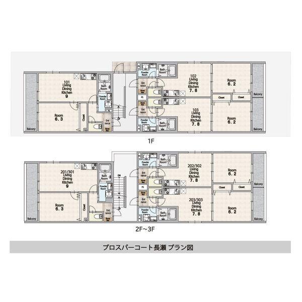 プロスパーコート長瀬(1DK/2階)の間取り写真