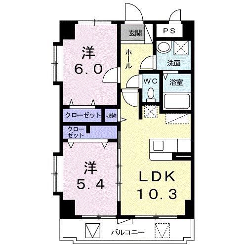 レインボー シャワー(2LDK/3階)の間取り写真