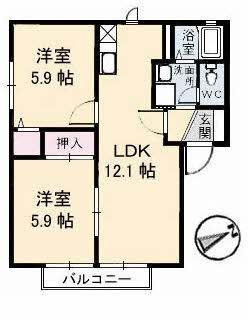 カーサイベリアルD棟(2LDK/2階)の間取り写真
