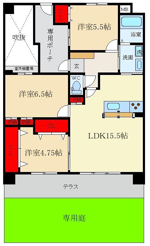 ダイアパレス枚方山田池公園(3LDK/1階)の間取り写真